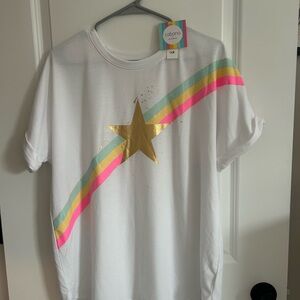 crown & ivy White Tee with Gold Star and Mint, Yellow & Pink Stripes